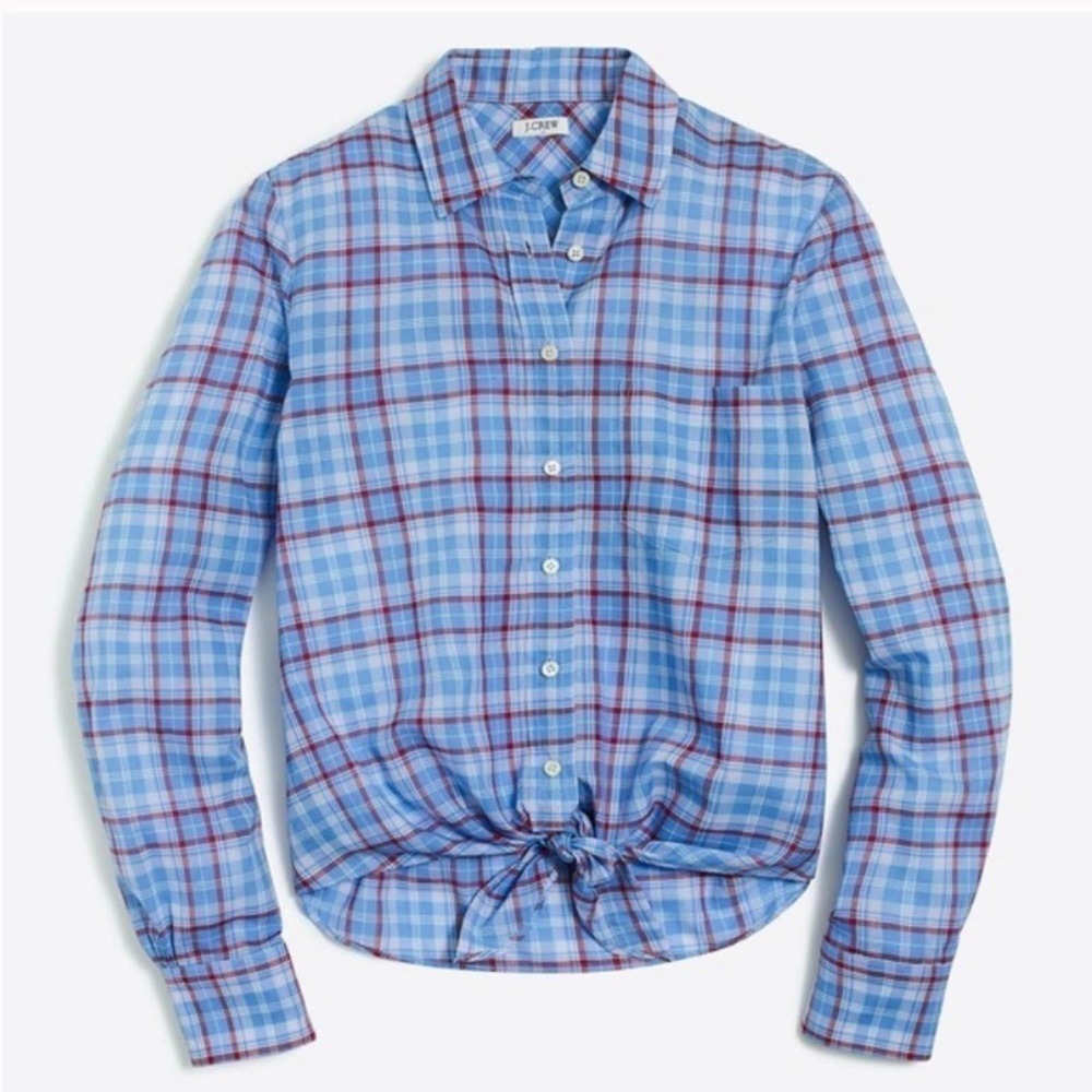 J. Crew Printed Tie Waist Shirt in Blue Plaid S Small